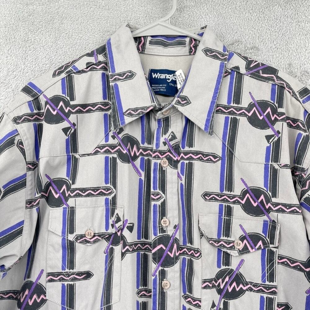 Vtg Wrangler Brushpopper Western Shirt Mens 17.5-35 Gray Tomahawk X-Long Tails